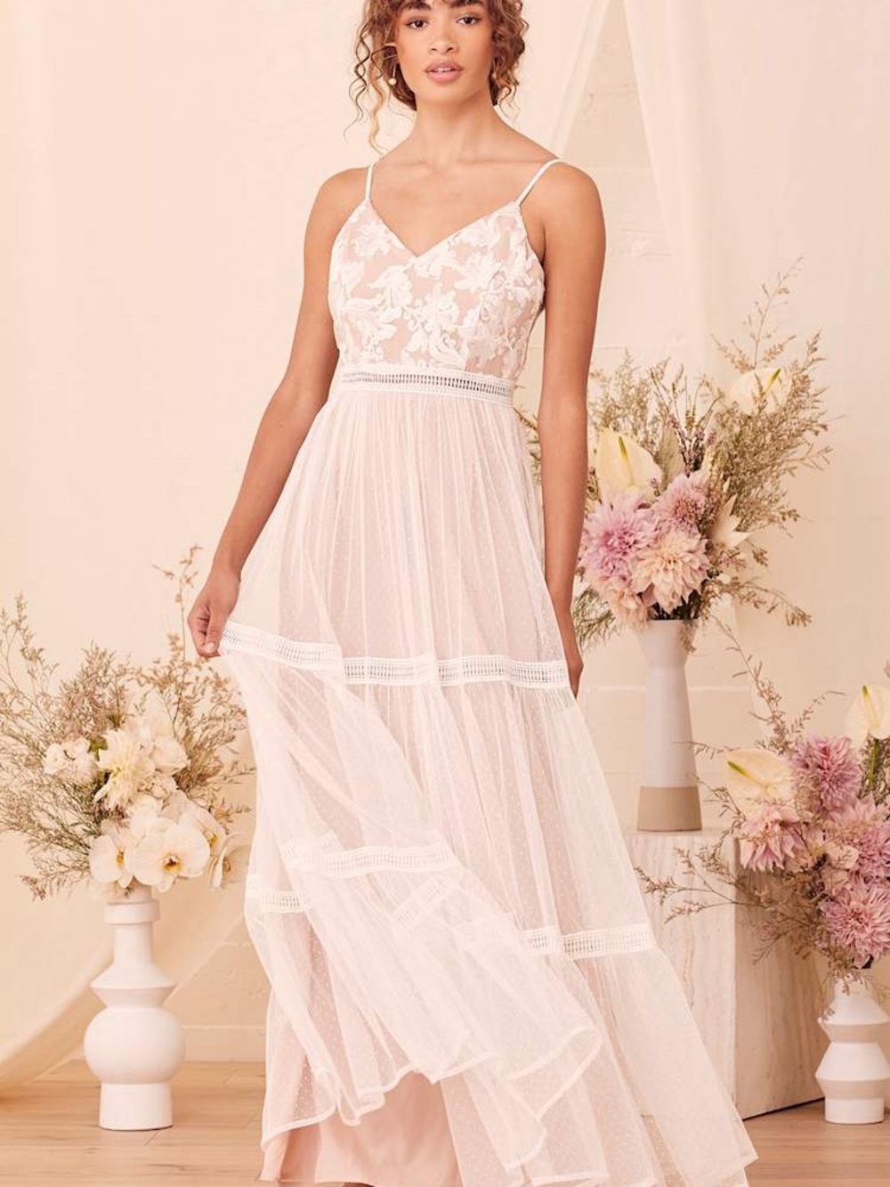Lulu's Blush Lace & Tulle Maxi Dress